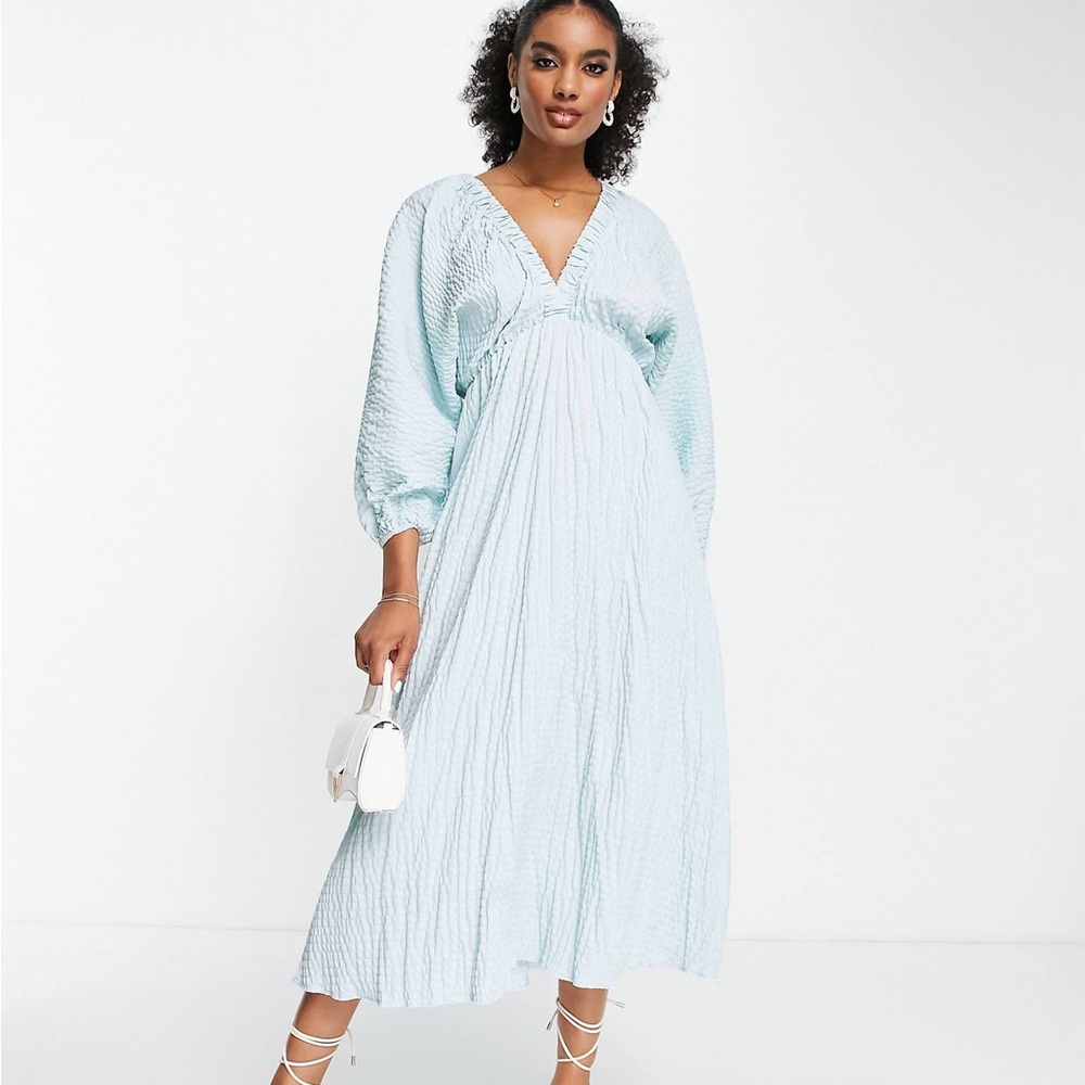 ASOS DESIGN textured plunge maxi dress with batwing sleeve in blue